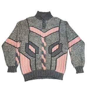 Vintage Novo Sweater Mens L Mohair Wool Cable Knit Gray Pink Fisherman Grandpra